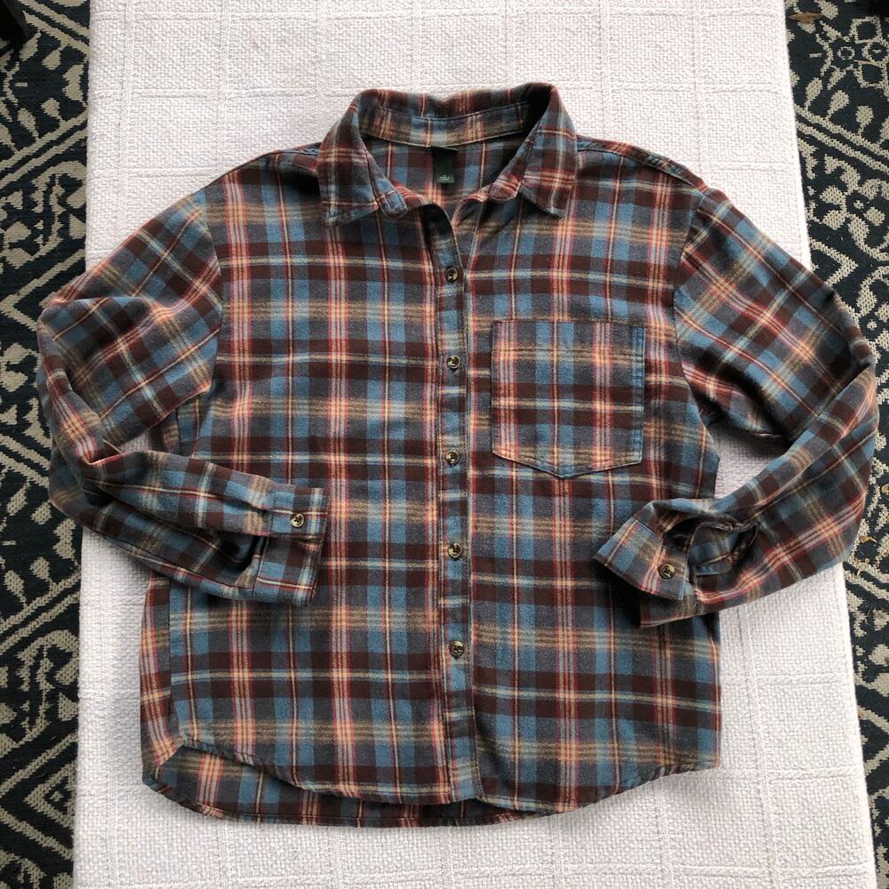 Wild Fable Long Sleeve Flannel Women‎ Small Button Up Blue Brown Grunge Outdoors